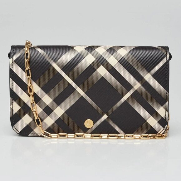 Burberry Black/Beige Coated Check Canvas Wallet on Chain Bag 675-060525 - Picture 1 of 11